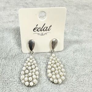e'clat Sliver Tone Faux Pearl Post Back Drop Earrings